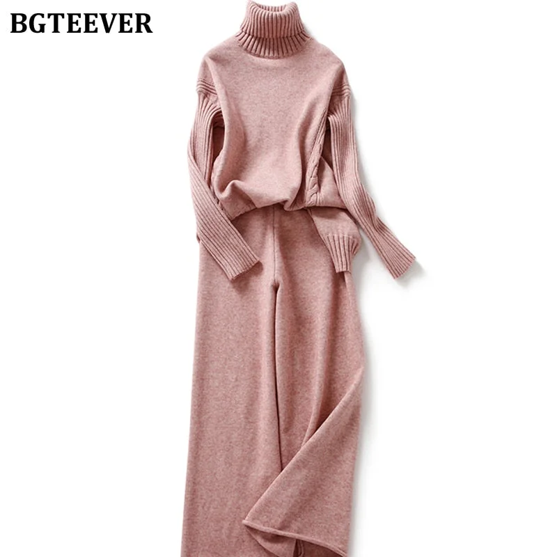 BGTEEVER Autumn Winter Thicken Knitted 2 Pieces Set Women Turtleneck Pullover Sweater & Wide Leg Pants 2021 Sweater Set Female