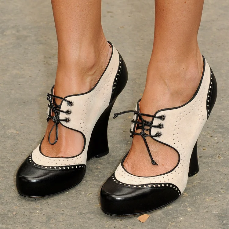 Black and Ivory Closed Toe Lace Up High Heels Vintage Shoes |FSJ Shoes