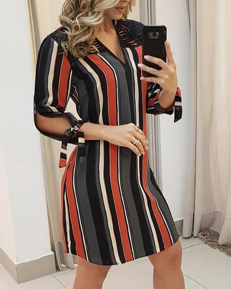 2021 Women Fashion Elegant Casual V Neck Hollow Out Long Sleeve Striped Tassels Insert Tie Sleeve Shirt Dress