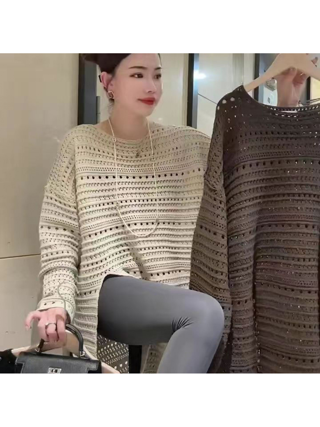 Plus Size, 's Loose-Fit Hollow Out Split Hem Sweater - Casual Round Neck Blazer-like Top, Versatile Fall Jacket or Dress Layering Piece, Easy Care Hand Wash/Dry Clean, Knitted Top, Blouse Sweater, Sweater Blouse, Fall Formal Sweater, Classy Sweater