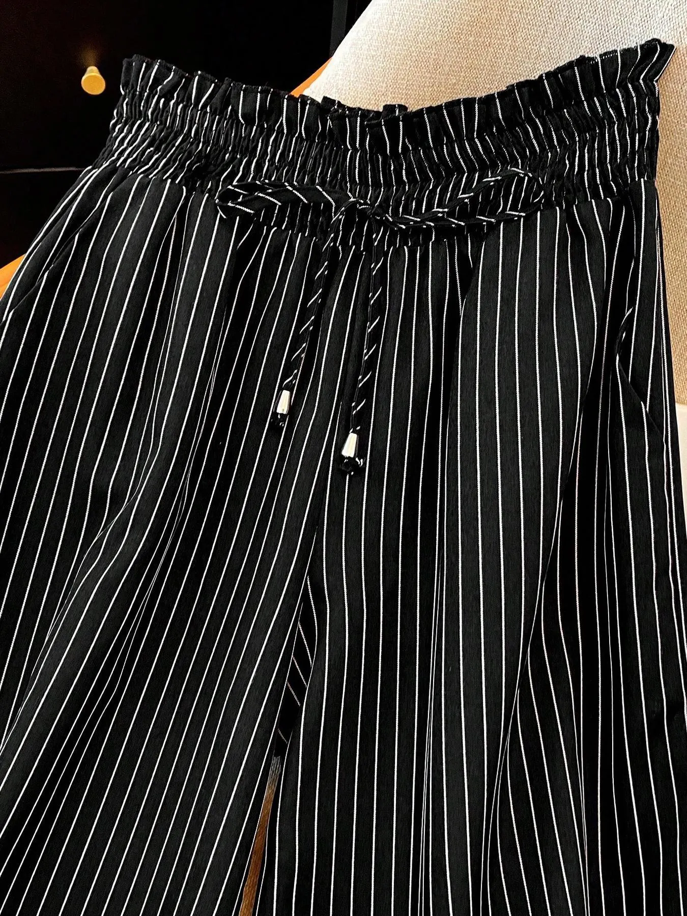 Women's Black White Vertical Stripe Drawstring Wide Leg Pants
