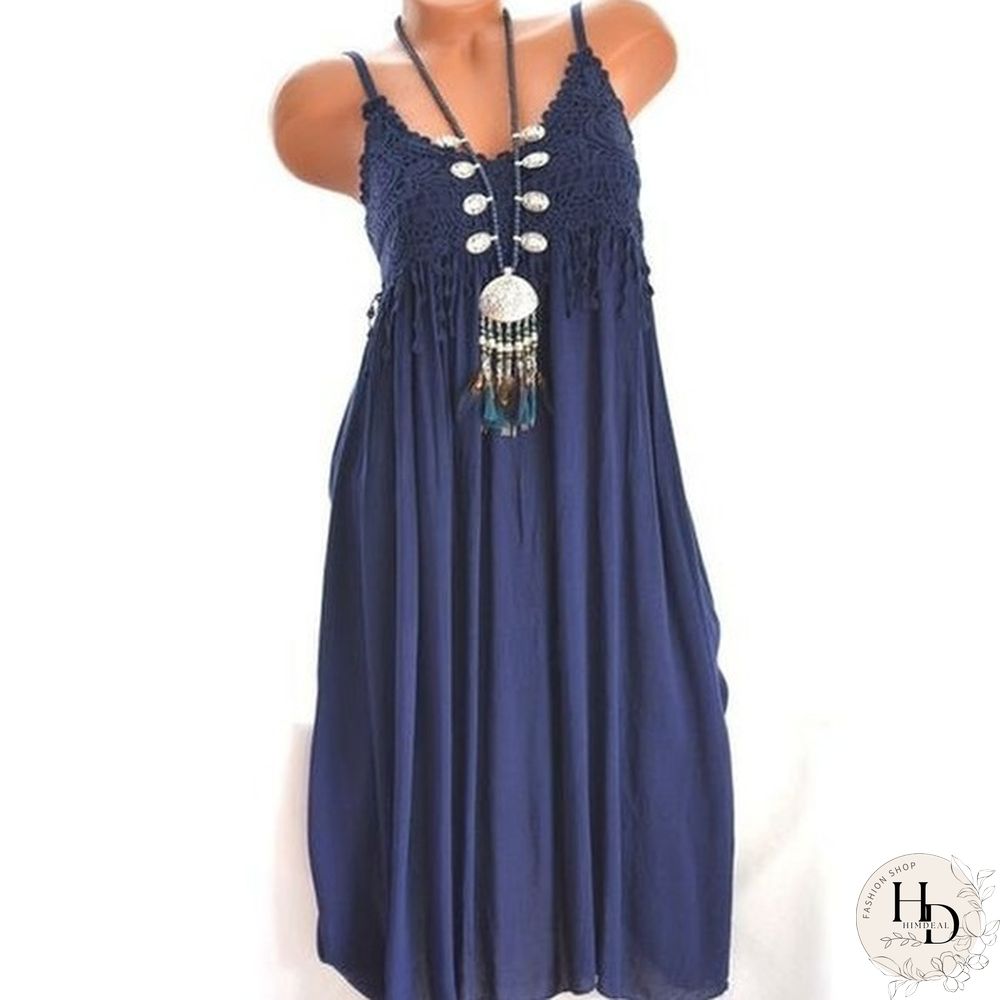 New Fashion Casual Women Printing Sleeveless Sun Dress Floral Print Tunic Stitching Lace