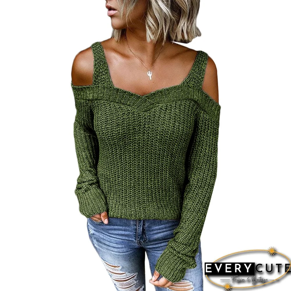 Army Green Cold Shoulder Long Sleeve Knit Sweater