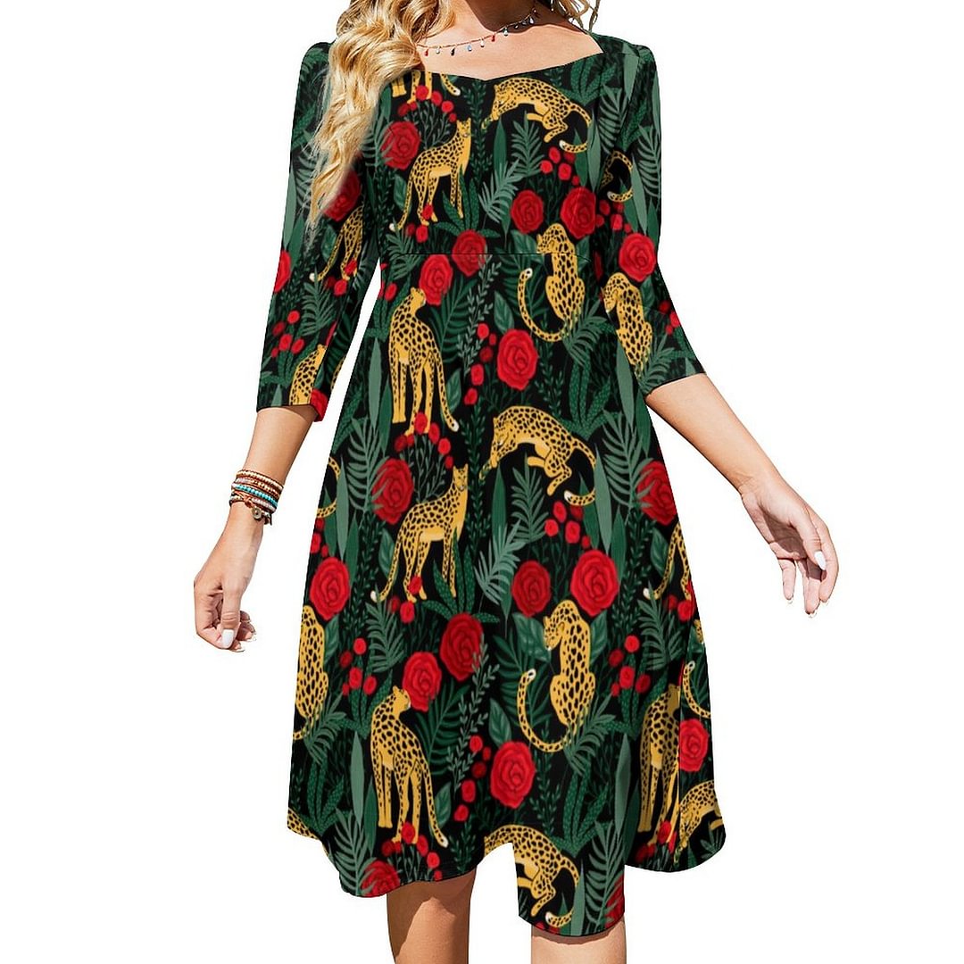 Leopard Cheetah Wild Cats Floral Red Rose Print Dress Sweetheart Tie Back Flared 3/4 Sleeve Midi Dresses