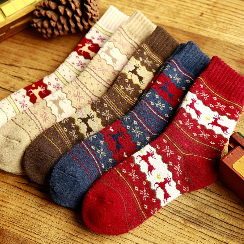 Christmas Thickened Terry Deer Octagonal Snowflake Pattern Cotton Socks (Five Pairs)