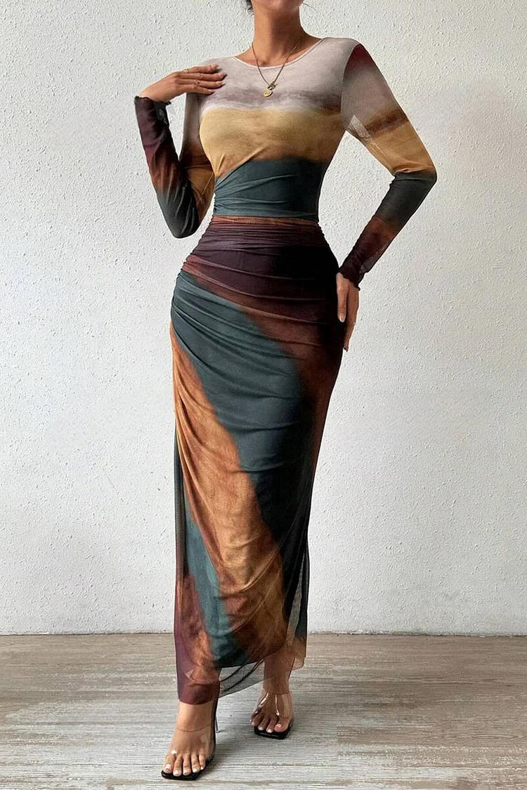 Multicolor Abstract Print Long Sleeve Round Neck Slim Fit Maxi Dresses