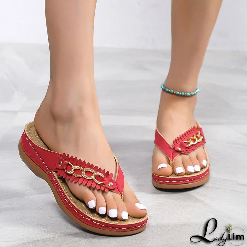 Summer Wedge Sandals with Chain Detail for Women: Retro Slides with Anti-Slip Design