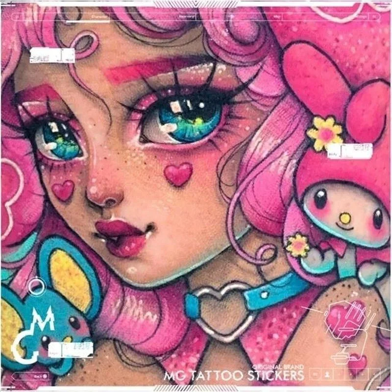 5 Pieces Girl Rabbit Cute Pink Girl Heart Color Flower Arm Tattoo Stickers Tatuagem Tempor&aacute;ria Feminina Sexy Tatuaggi Temporanei