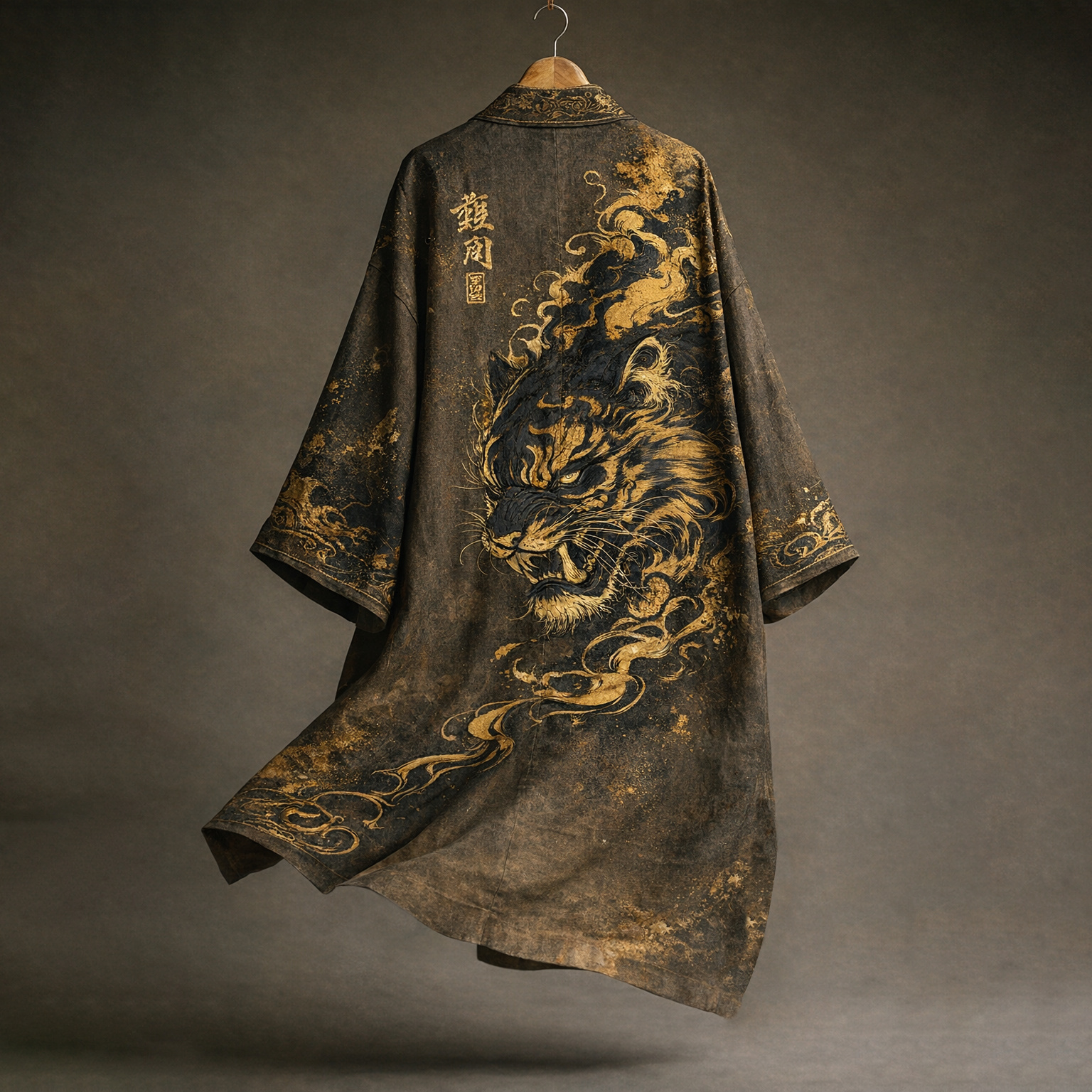 Japanese Style Retro Calligraphy Tiger Art Pattern Casual Linen Blend Kimono  artssus