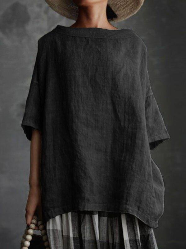 Round Neck Cotton Linen Loose Women's Tops
