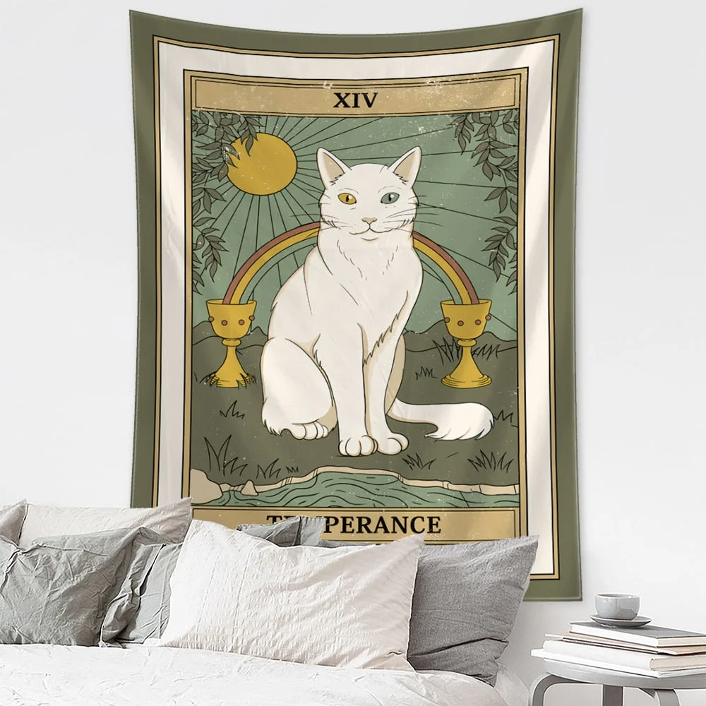 Cartoon Cat Tarot Tapestry Wall Hanging Mysterious Psychedelic Witchcraft Tapiz Hippie Kawaii Home Decor