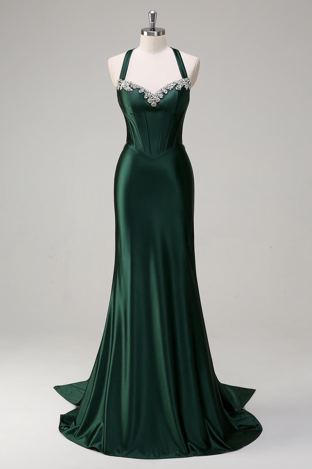 Ovlias Stunning Dark Green Spaghetti Strap Draped Rhinestone Prom Dress LY0617