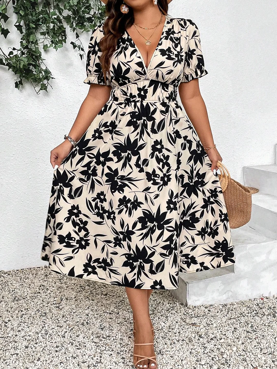 Uveng Uveng Large Size Women's V-Neck Print High-Waisted Dress