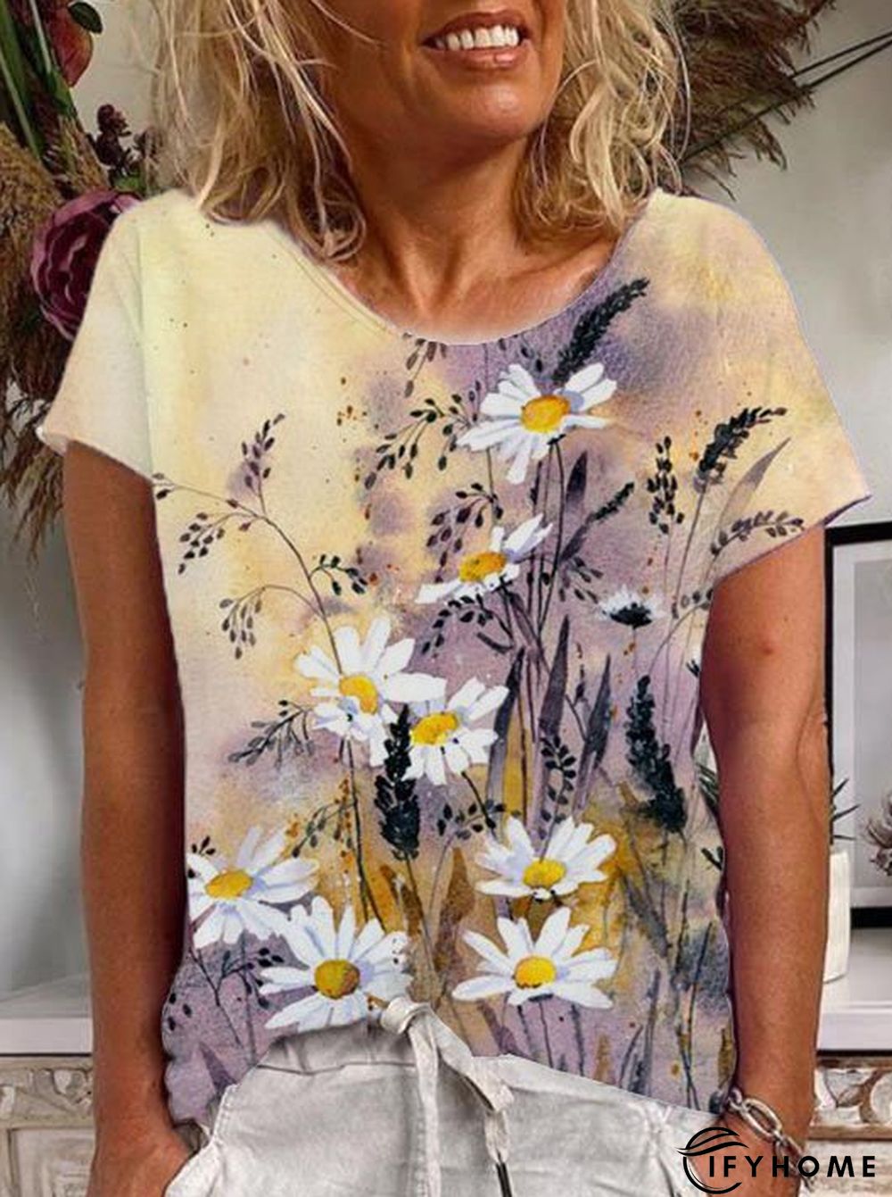 Vintage Cotton-Blend Floral-Print Short Sleeve T-shirt | IFYHOME