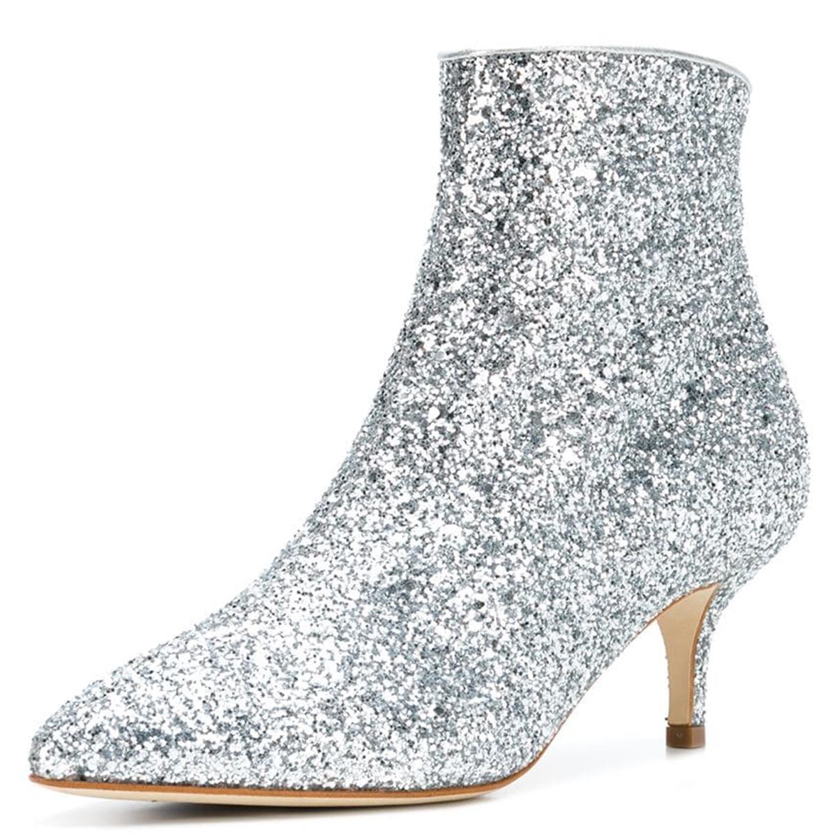 Women's Sparkly Pointed Toe Kitten Heel Glitter Ankle Boots in Silver Nicepairs