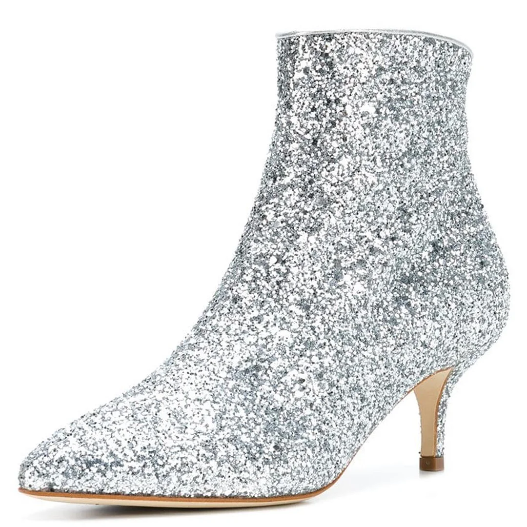 Silver Pointed Toe Sparkly Ankle Boots Side Zipper Glitter Kitten Heels Nicepairs