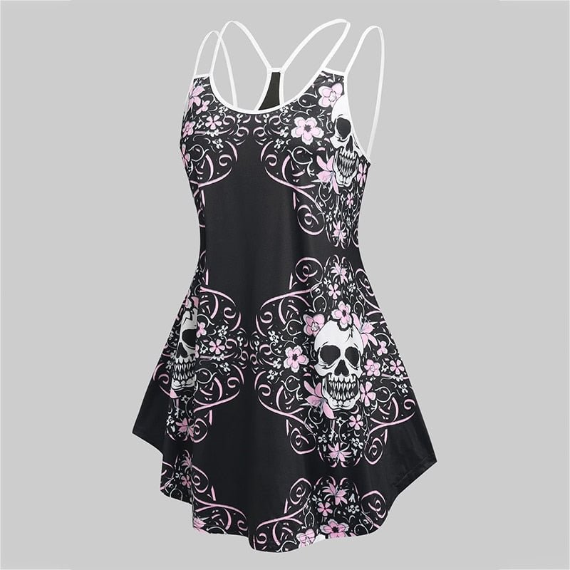 Umeko Skull Print O-neck Sleeveless Tank Top Gothic Style Rebellious Girl Street Shoot Women's Fashion Gothic Boho Y2k Top