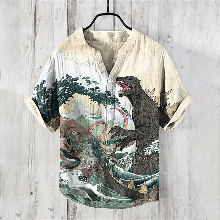 Vintage Godzilla Vs. Deep Sea Octopus Japanese Art Linen Blend Shirt