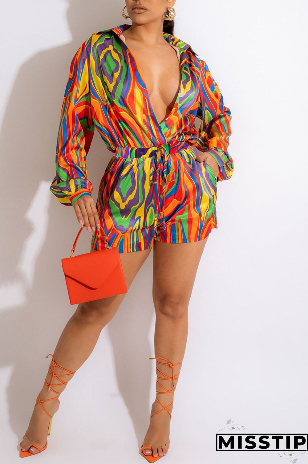 Colour Fashion Casual Print Patchwork Buckle Turndown Collar Long Sleeve Two Pieces