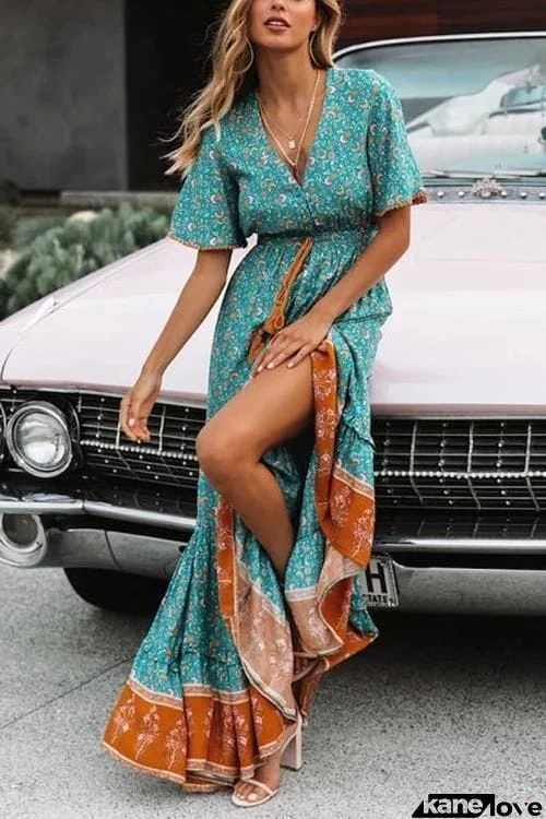 Floral Print Short Sleeve Maxi Dress