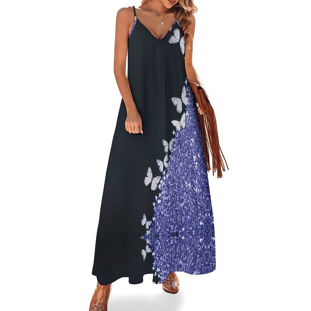 Style & Comfort for Mature Women Plus Size Printed Sling Casual Women Maxi Dress in Pattern Purple, Butterfly, Glitter