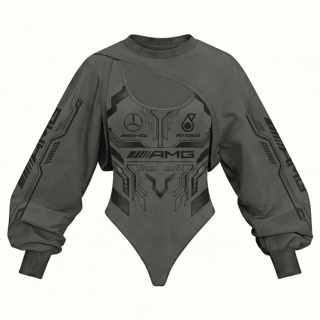 Women's Racing Team Logo Digitally Printed Tights Irregular Sweatshirt Set