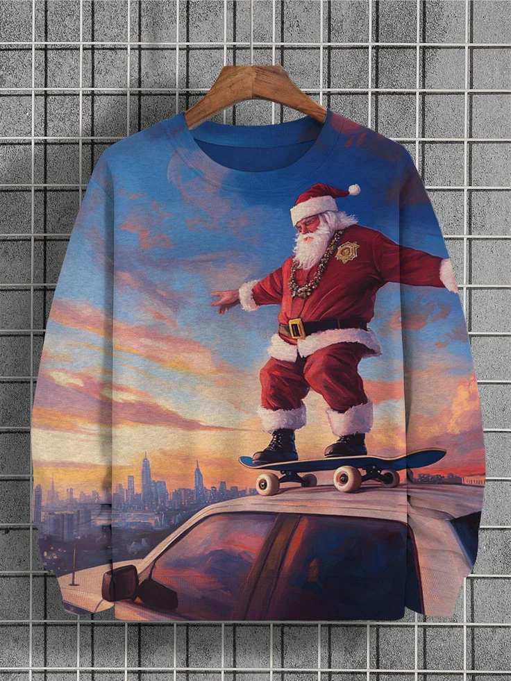 Men's Santa Claus Skateboarding On Car Roof City View Print Casual Sweatshirt