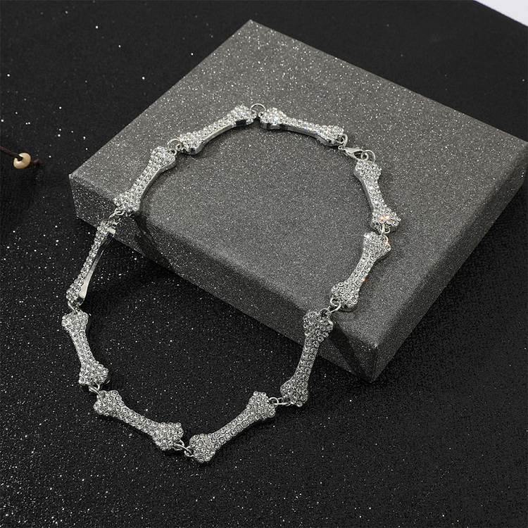 12MM Hip Hop Iced Out Bones Necklace Rhinestone Jewelry