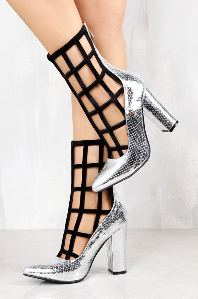 GOOSHOE Silver Knit Pointy Toe Chunky Heels Pumps - Stylish Shoes