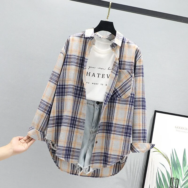 Loose Plaid Shirts Womens Vintage Blouses Long Sleeve Checked Tops College Style Autumn News Female Clothes Outwear