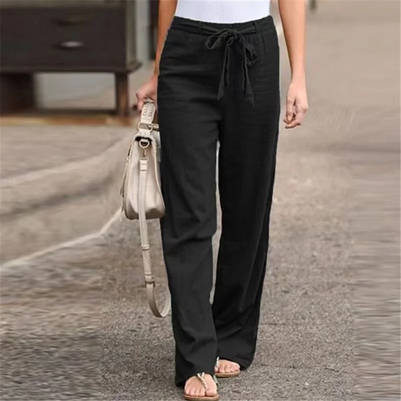 Back To School Outfits Casual Cotton Linen Long Pants Woman Summer High Waist Solid Color Straight Pants Female Loose Wide Leg Trousers