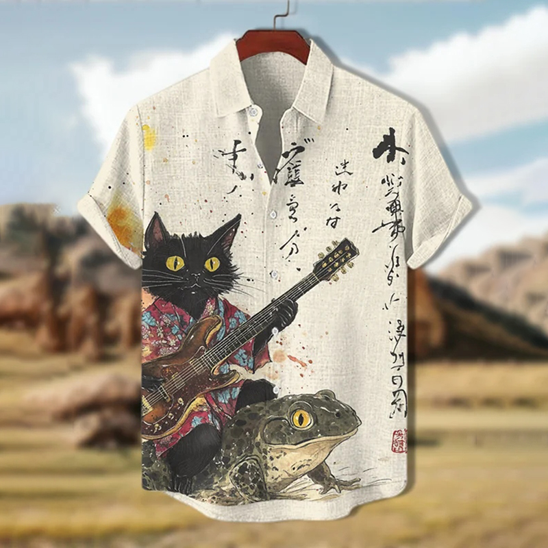 Men's Black Cat Wearing Shirt Riding On Toad Playing Guitar Print Short Sleeve Shirt  artssus
