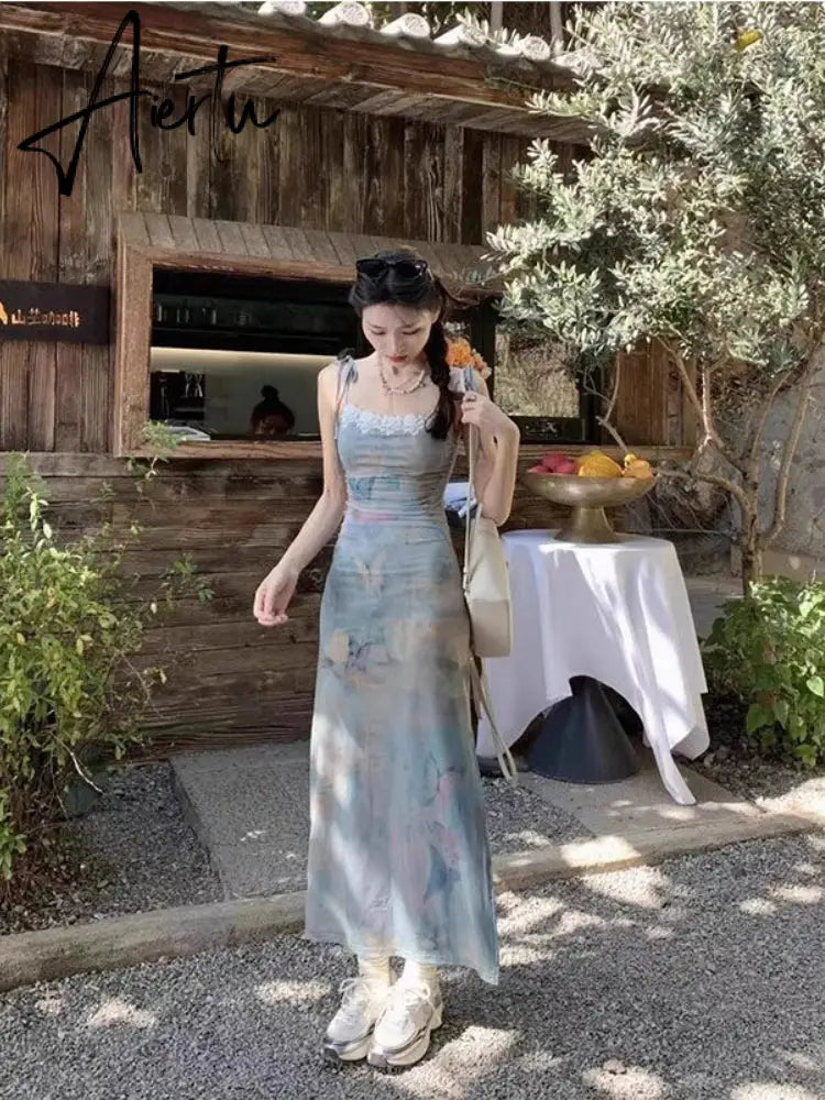 Aiertu  Vintage Korean Style Long Resort Dress Women Y2k Print Split Sleeveless Slip Dresses Fairy Bodycone Holiday Vestidos Aiertu