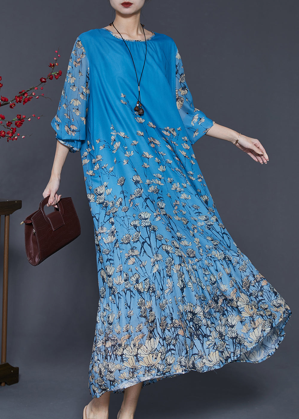 VCSHOES Blue Oversized Floral Silk Beach Dress Spring