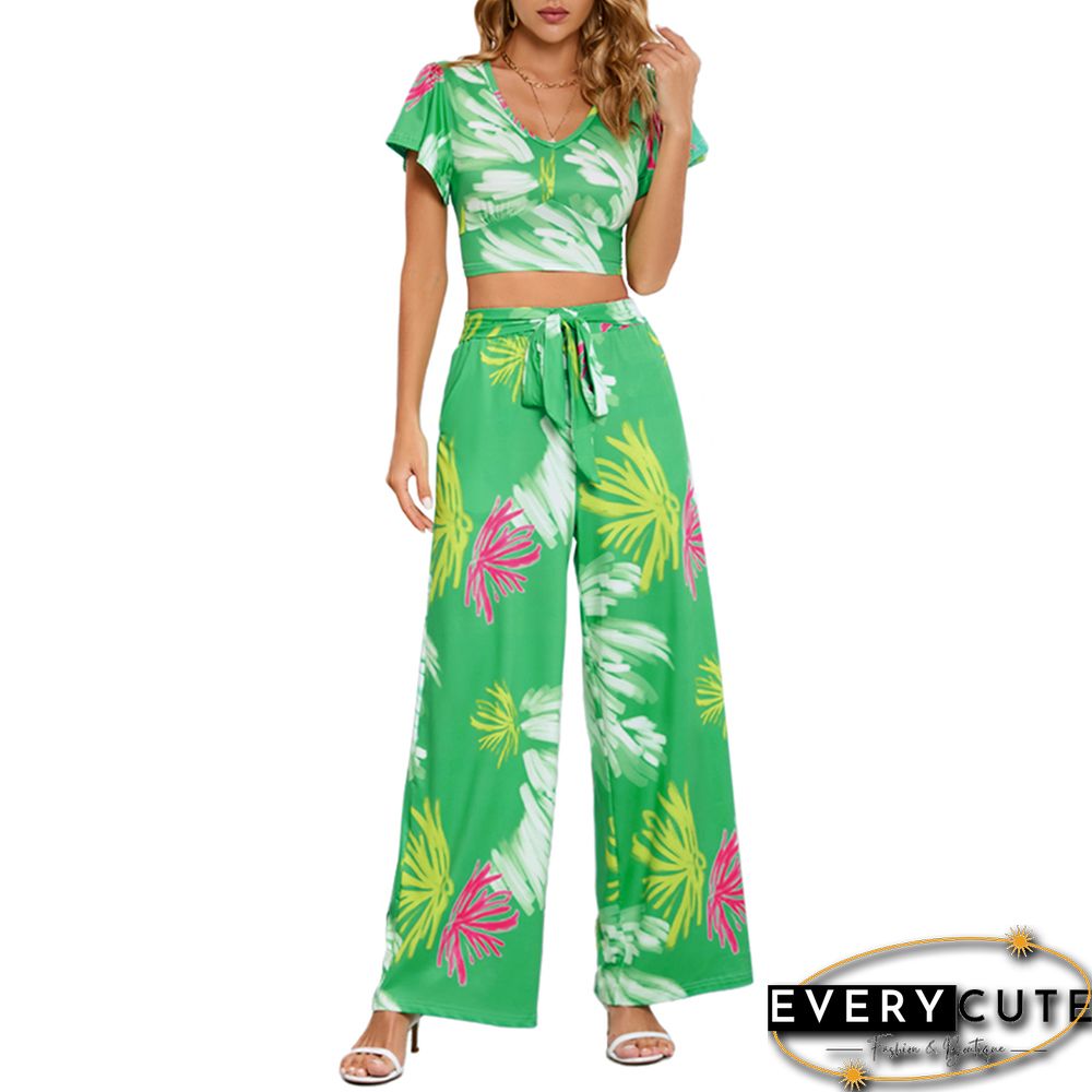 Green Printed V Neck Crop and Wide Leg Pant Set