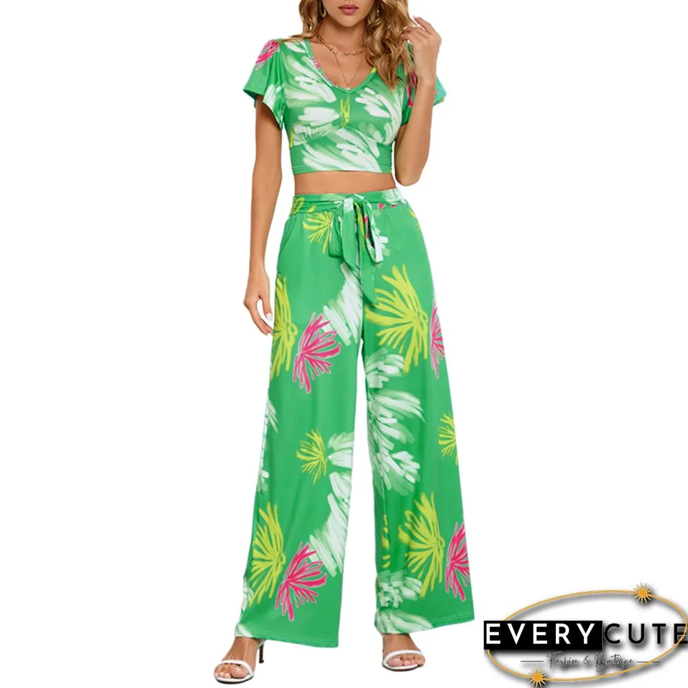 Green Printed V Neck Crop and Wide Leg Pant Set