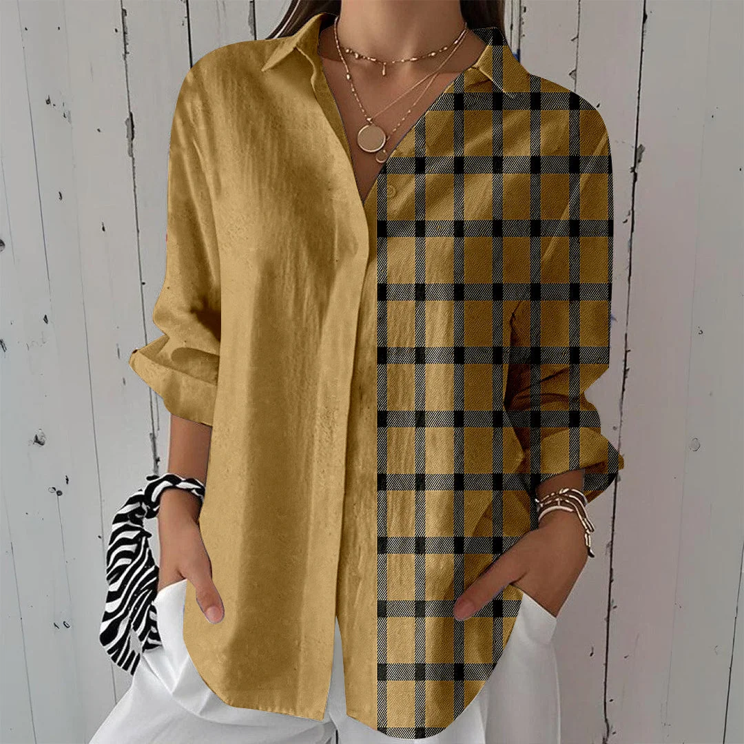 Style & Comfort for Mature Women Women Checkered,Khaki,Black DZCL0308 3/4 Sleeve Shirt Collar Printed Button Tops