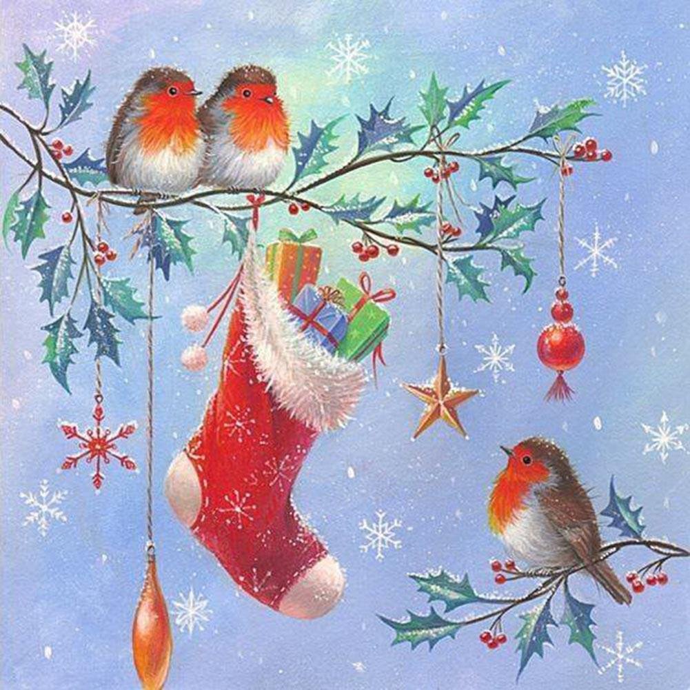 Full Round Diamond Painting - Christmas Stockings Birds(30*30cm)