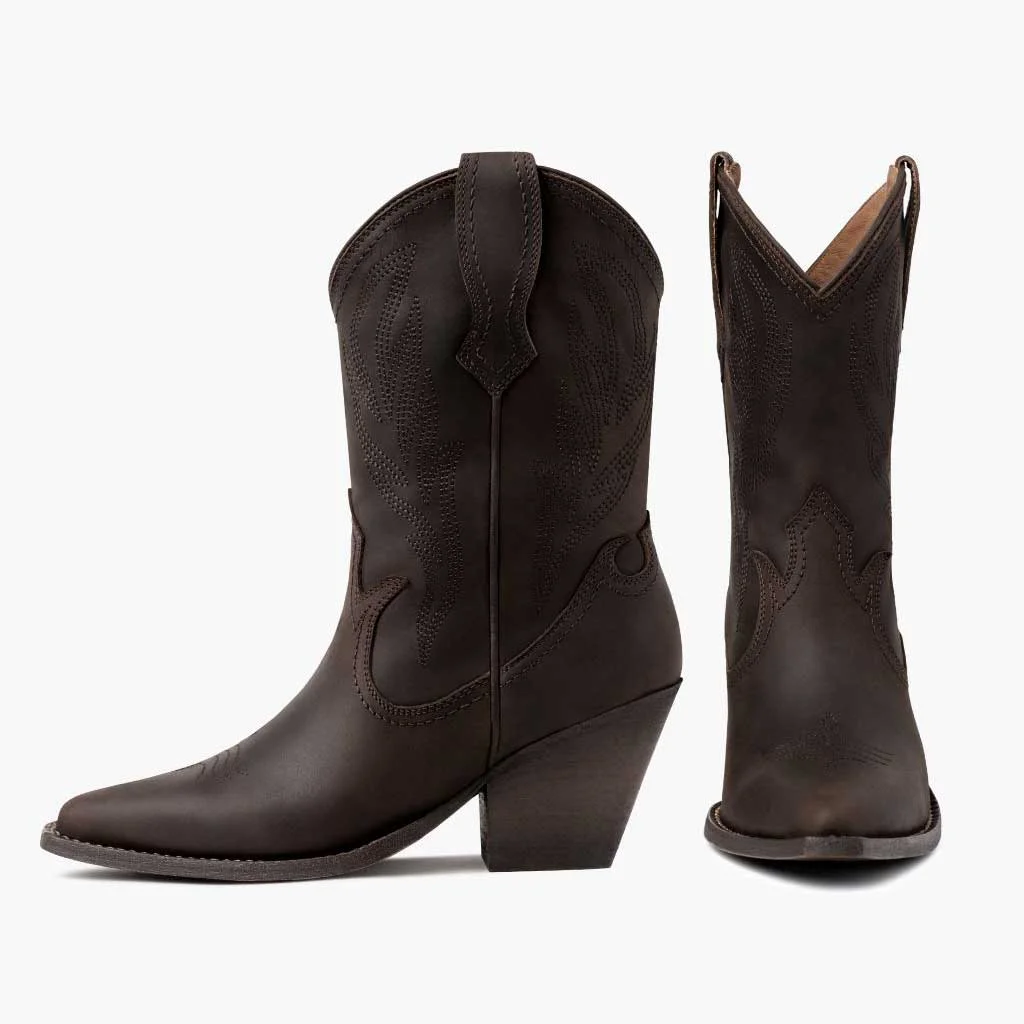 Dark Brown Stitch Pattern Chunky Heel Cowgirl Boots with Pointed Toe