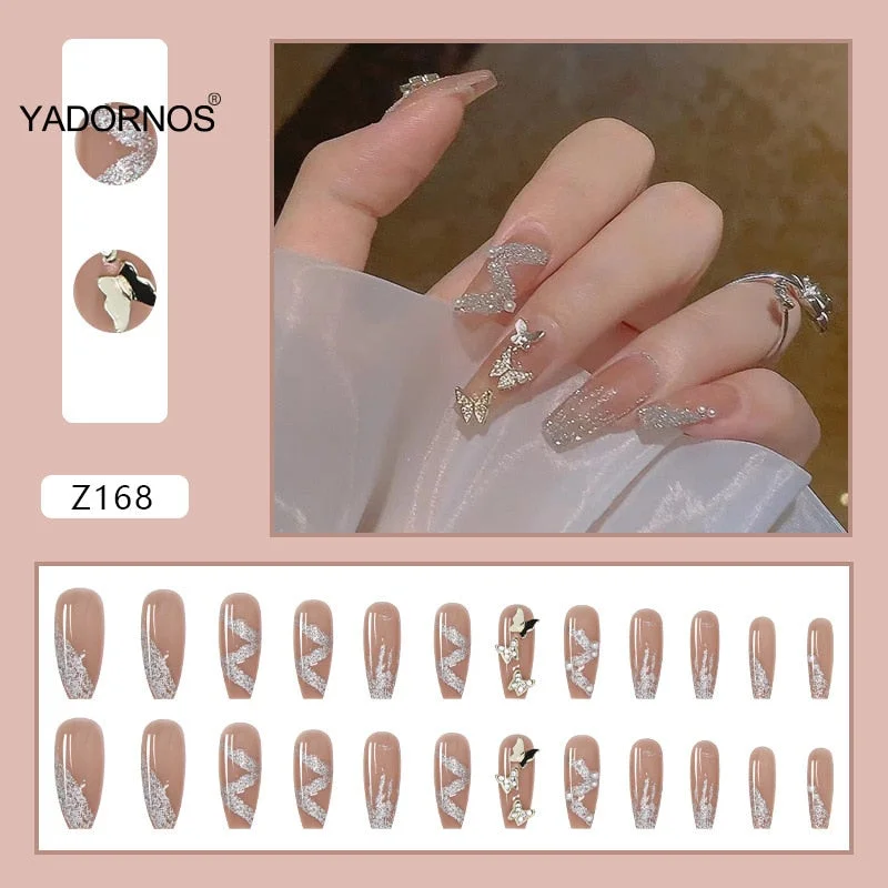 24PCS Nails free shipping Shiny Butterfly Nail Patch whit jelly glue Removable Paragraph Fashion Manicure press on  False Nails