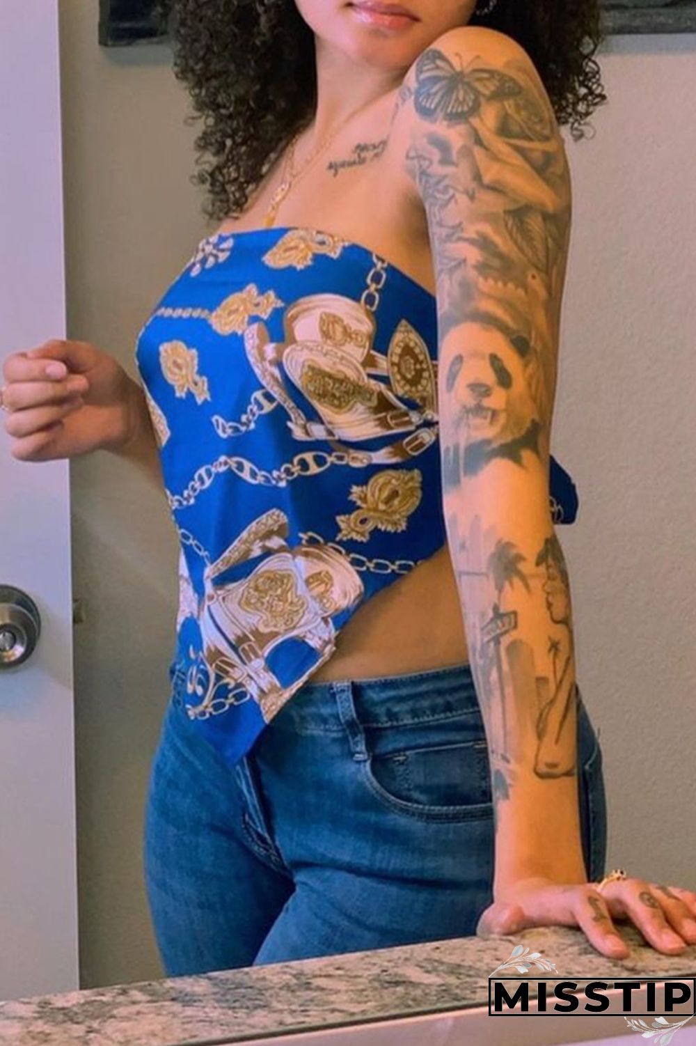 Blue Fashion Sexy Print Backless Strap Design Strapless T-Shirts