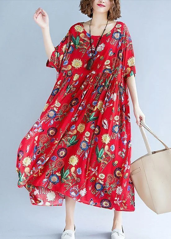 Simple red print cotton clothes For Women o neck Cinched Dresses summer Dresses