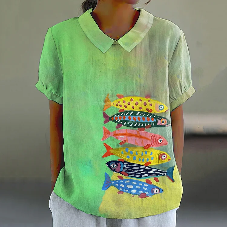 Retro Oil Painting Sardinas Fish Art Pattern Printed Casual Women's  Cotton Linen Shirt