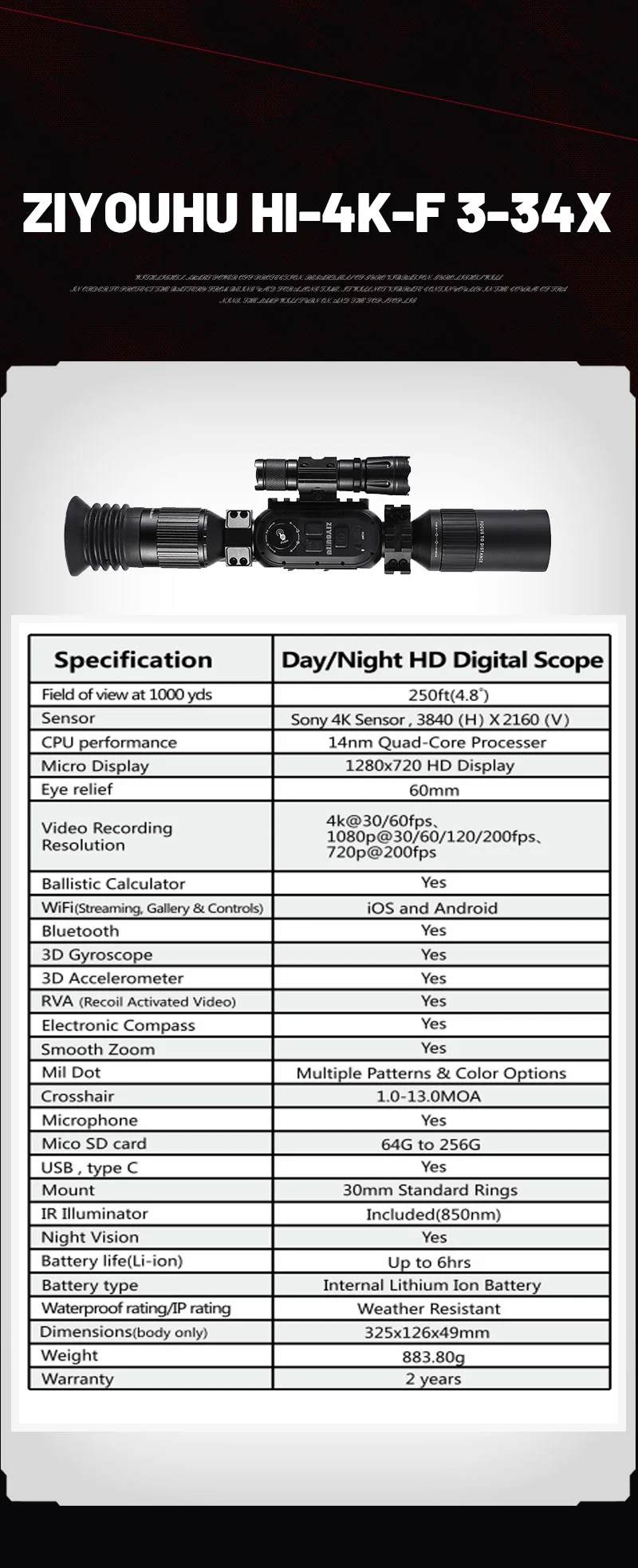 4K Digital Night Vision Scope HD Sony Sensor 4 Cores 3-24X Tactical Sight Hunting Smart Night Vision Weapon Riflescope