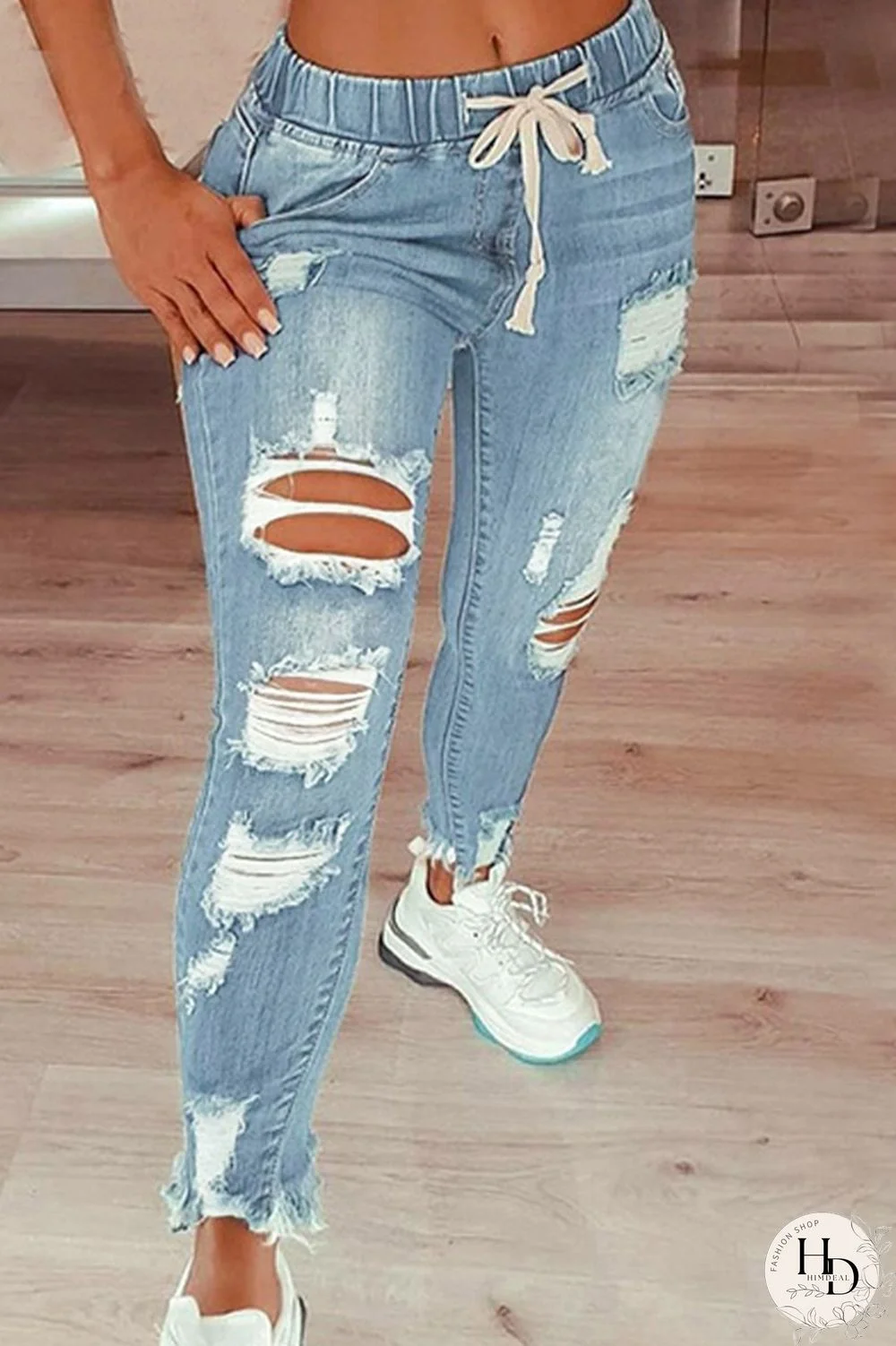 Black Fashion Casual Solid Ripped Plus Size Jeans