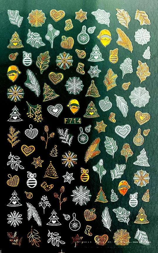 Christmas SnowflakeGold 3D Nail Stickers Sparkly iridescent Silver Xmas Tree Elk Deer Transfer Sliders Winter Nails Accessories-Nail Inspo