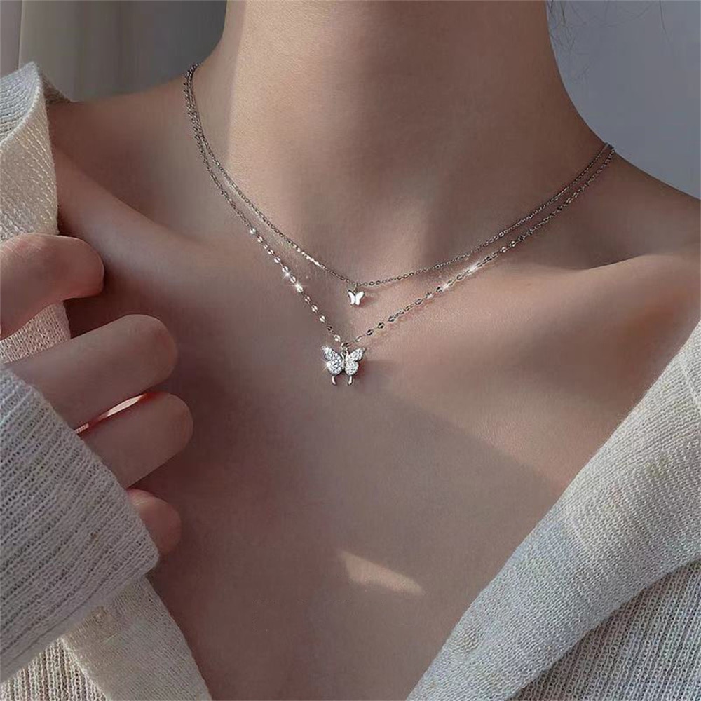 Shiny Butterfly Necklace Stainless Steel Necklace For Women Double Layer Clavicle Chain  Jewelry for Ladies Gift