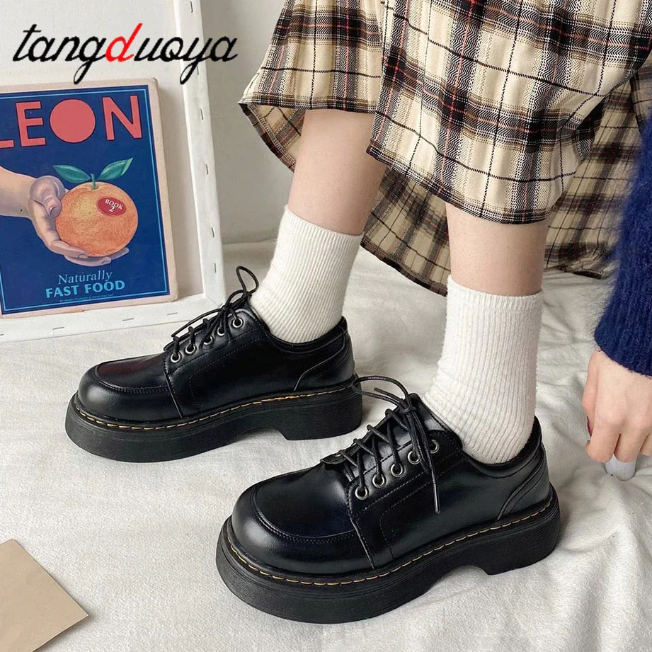 Qengg Vintage Shoes Oxford Shoes 2022 autumn Vintage Brown Leather Lace Up Women Fashion Loafer Shoes Black Oxford Shoes