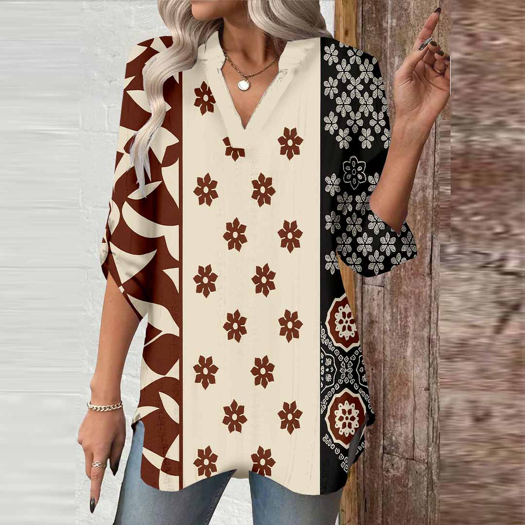 Women Artistic,Brown,Black DZGA0272 3/4 Sleeve V-neck Printed Graphic Button Tops