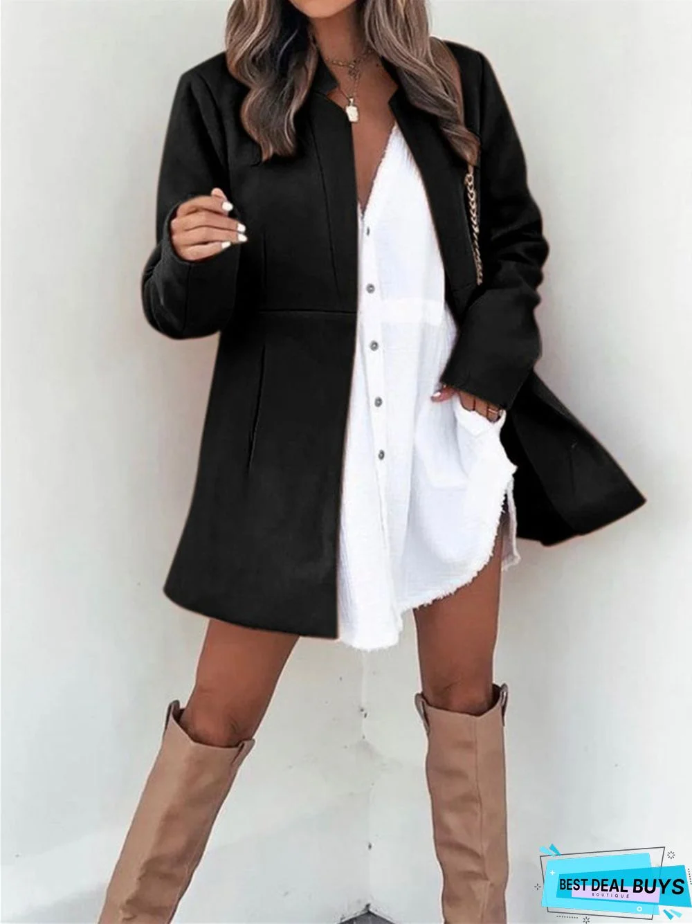 Solid Color Slim Long Sleeve Pocket Ladies Coat